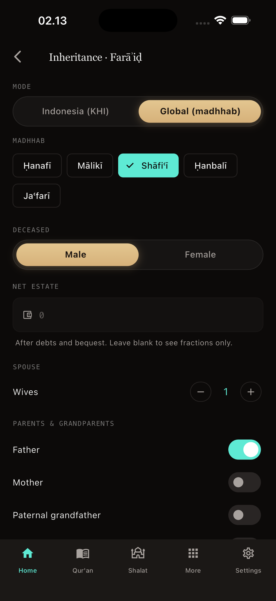 Aminly Farāʾiḍ inheritance calculator — shares computed by Qur'anic rules