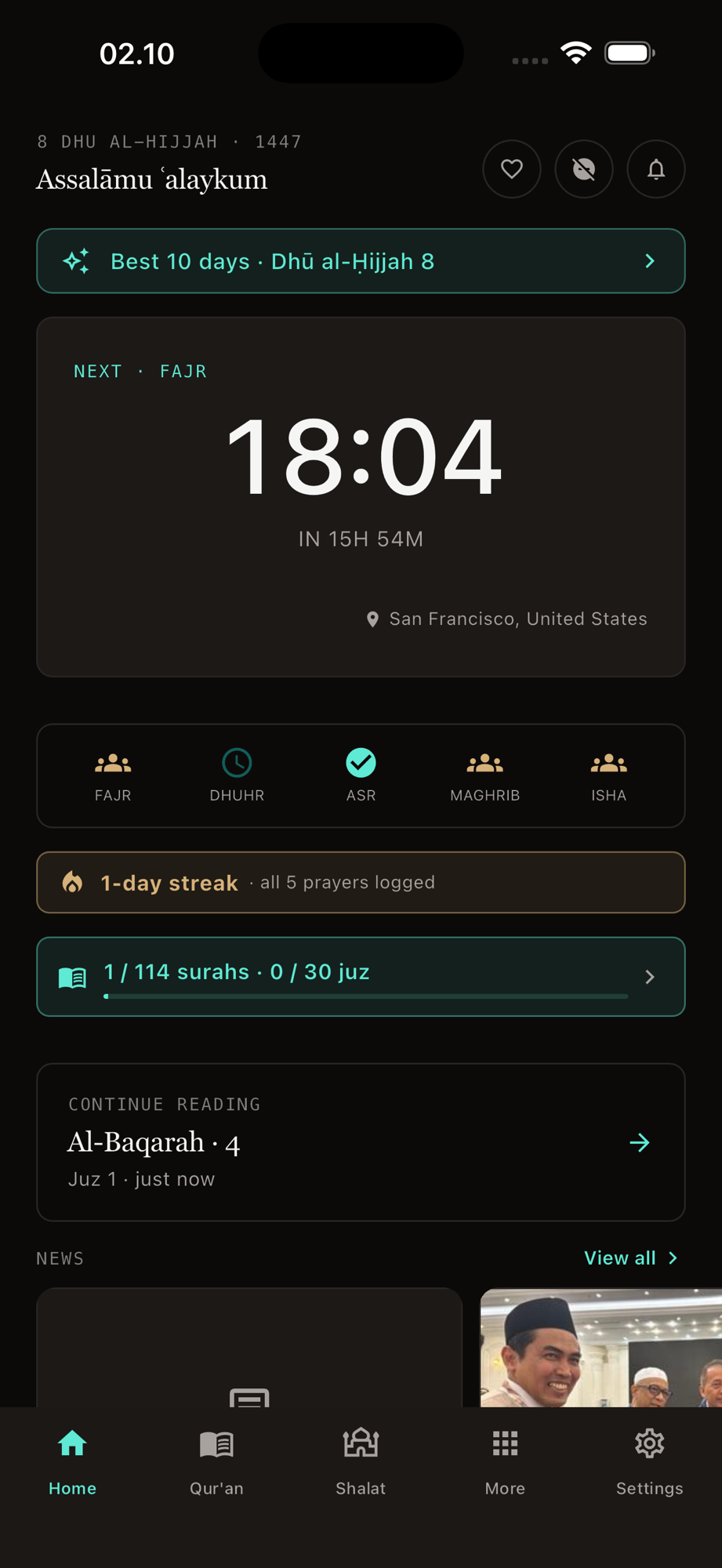 Aminly home — next prayer countdown, evening adhkar reminder, prayer tracker, and news carousel