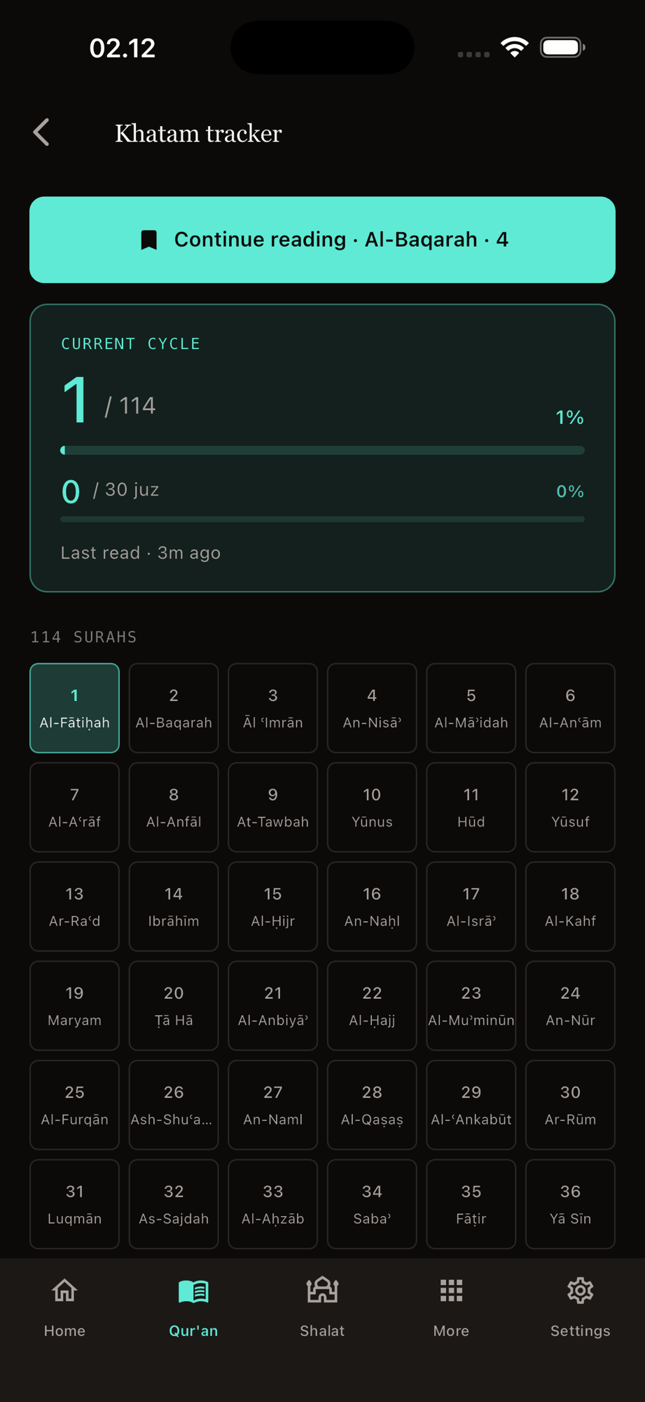 Aminly Khatam tracker — 30-day Qur'an cycle with daily juz target