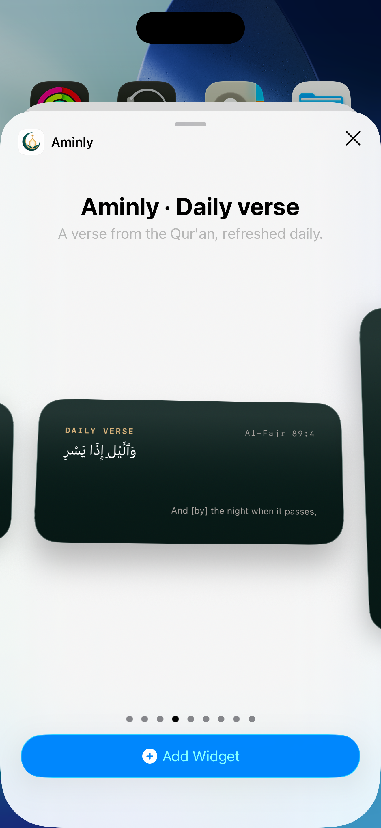 Aminly home-screen widgets — six individual widgets for prayers, Hijri date, qibla, and dhikr